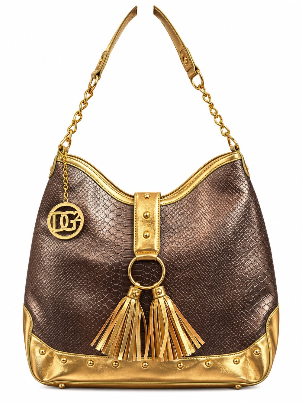 Diane Gilman DG Metallic Bronze Reptile Hobo Bag Gold Tassels Shoulder Purse